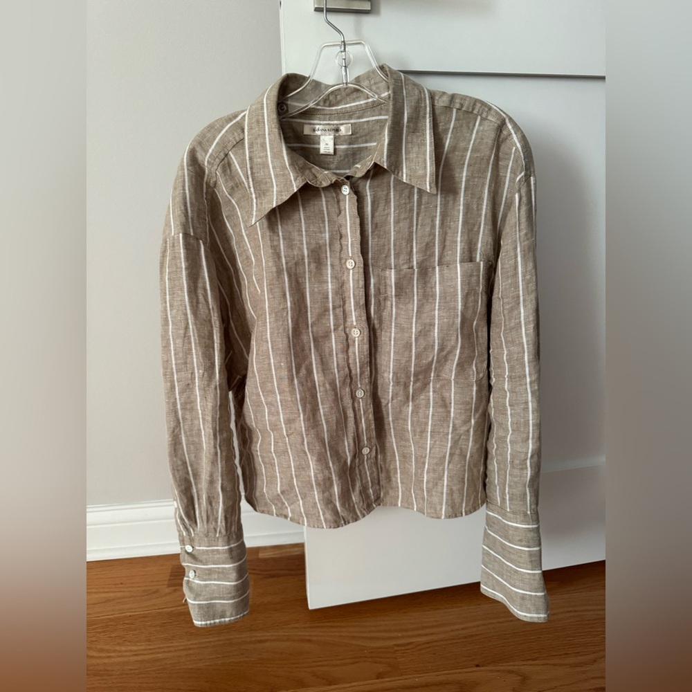 Banana Republic The Boxy Tan Cropped Linen Shirt Blouse Size Medium Runs Big - Picture 2 of 8